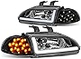 Pair Black Housing LED DRL + Turn Signal Headlight Corner Lamps Compatible with Honda Civic Coupe / Hatchback 92-95