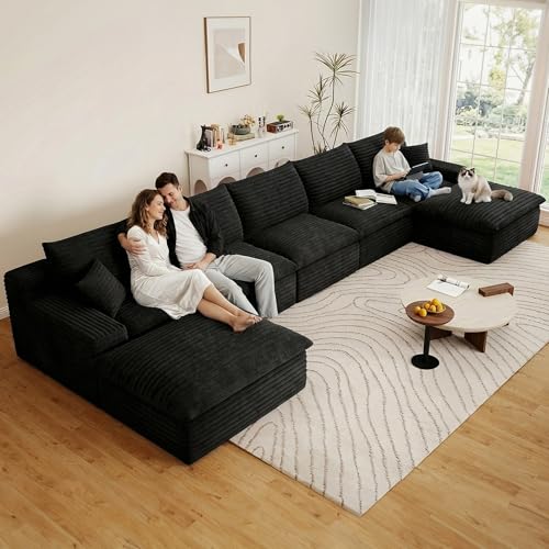 Image of 165 inch Cloud Couch Modular Sectional Sofa for Living Room, U-Shape Boneless Couch with Deep Seat, Modern Corduroy 5-Seater with Ottomans, No Assembly Required, Black