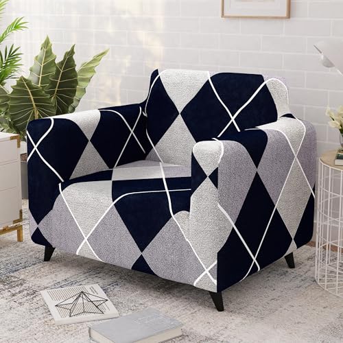 Image of Story@Home Sofa Cover 1 Seater Fully Covered Stretchable Polyester Spandex Elastic Sofa Cover 1 Seater 90x140Cm | Navy Blue & Grey Geometric 1 Seater Sofa Cover for Living Room & Create Customized Set