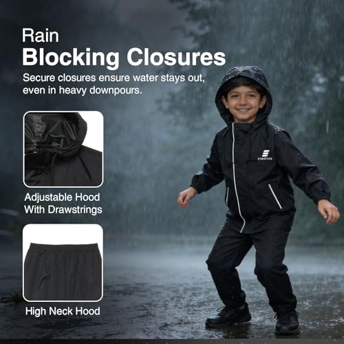 Image of Amazon Brand - Symactive Raincoat for Kids | Waterproof Jacket and Pant Set | Polyester with PVC Coating | Seam Sealed | High Neck Hood | Reflective Branding | Black, 8 to 10 Years
