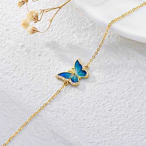 SISGEM Real 14k Gold Blue Butterfly Bracelet for Women, Solid 14 Karat Gold Animal Lover Wrist Jewelry Gifts for Her, 6.8-8.42