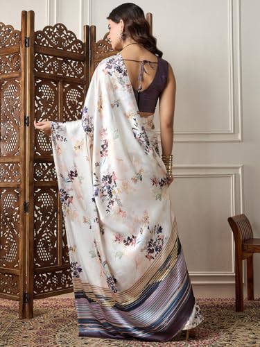 Image of AKHILAM Women's Multicolor Satin Silk Floral Printed Saree With Unstitched Blouse (SATIN1403 RJ11 Parent)