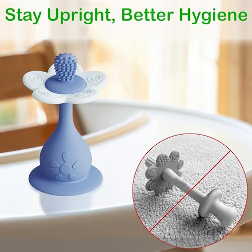 Image of Flower Teether Rattle, Silicone Baby Teething Toy 0-24M [Blue] | 360 Multi-Texture, Nipple-Shaped End, Anti-Choking Design, Stand-Up Base, Baby Girl & Boy Teether, BPA-Free, Teething Relief