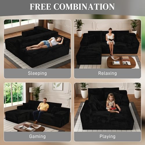 Image of 108 inch Boneless Couches for Living Room, L Shaped Comfy Cloud Modular Sectional Memory Foam Deep Seat Boneless Couch, No Assembly Required Corduroy Sofa for Living Room with Left Facing Chaise, Black