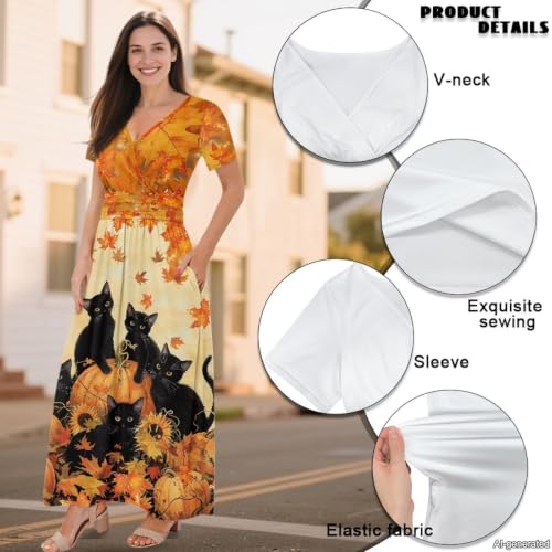 Image of Women's Fall Summer Short Sleeve Ankle Length V-Neck Party Dress with Pockets Size S-3XL