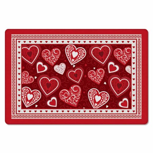 Red Valentine Kitchen Bath Door Mat Cushioned Runner Rug,Washable Welcome Floor Sink Antifatigue Mat,Waterproof & Non-Slip Comfort Standing Doormat,Valentine's Day Love Heart Holiday 20