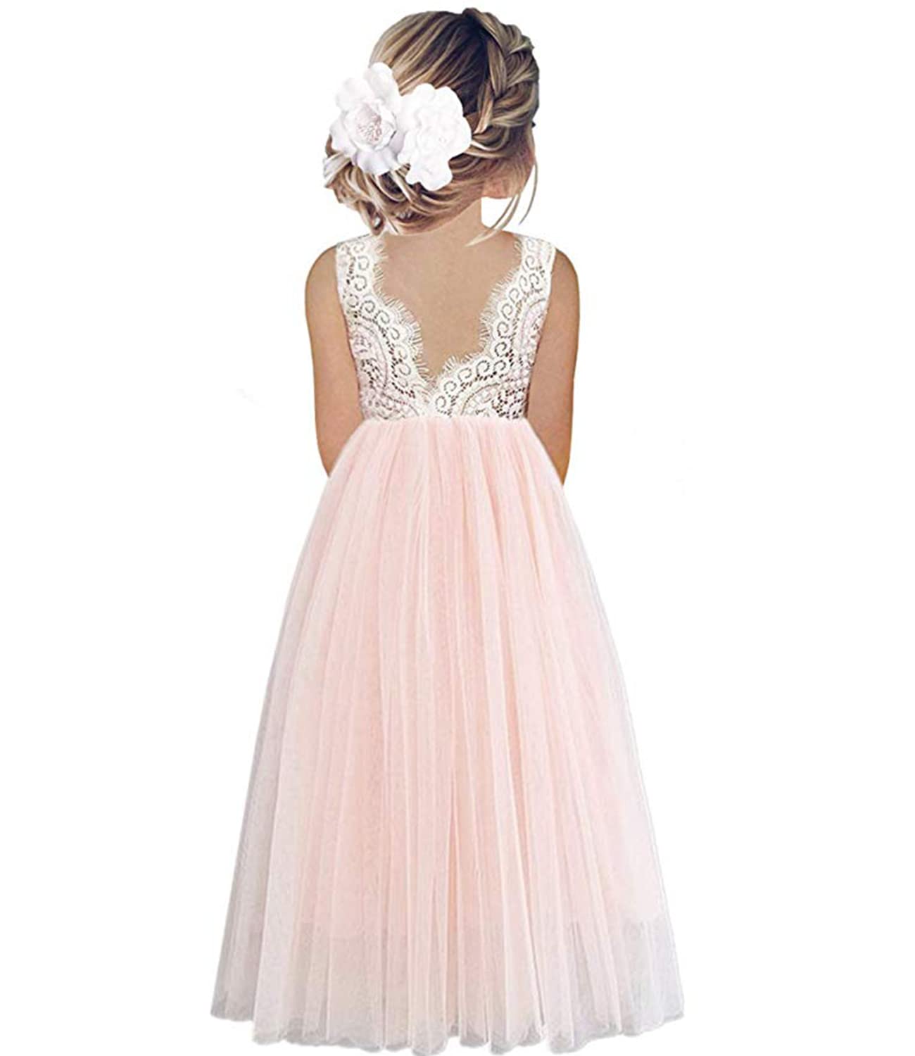 Robe de fête pour fille - Dentelle - Dos en V - Sans manches - Moelleuse - Tulle - Robe de princesse - Robe de princesse - Robe de demoiselle d'honneur