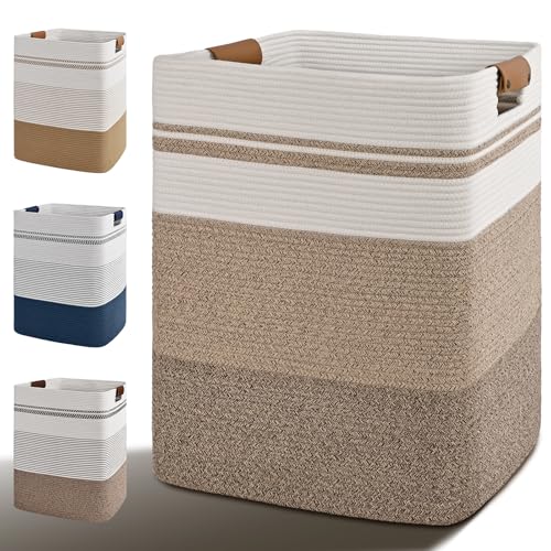 Image of Laundry Hamper, 75L Tall Laundry Basket with Leather Handles, Rectangle Large Clothes Hamper for Organizing, Cotton Woven Laundry Baskets Storage Hampers for Bedroom, Nursery, Living Room