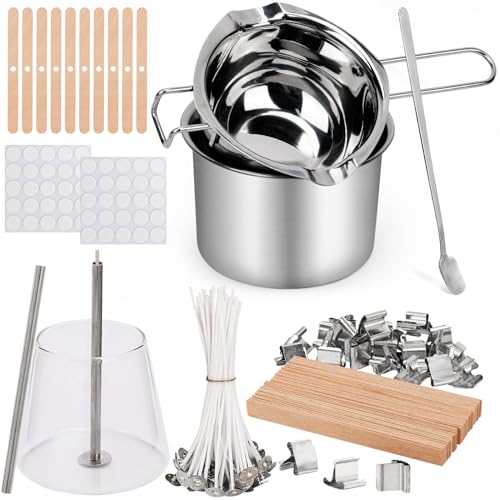 Blingfun Double Boiler Pot Set Stainless Steel Melting Pot with Candle Wicks Stickers Wick Holders Wick Placing Tube for Soap Wax Candle Making