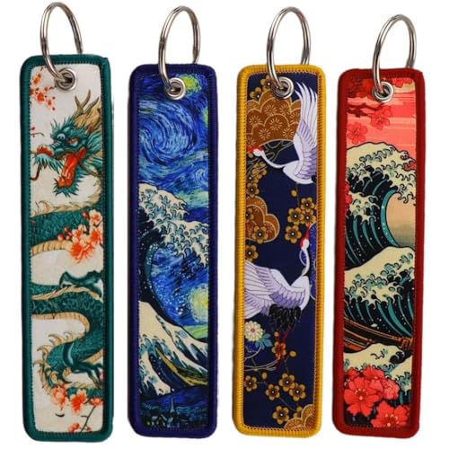 4Pcs Japanese Cartoon Keychains, Embroidered Keychains, Wave/Drag...