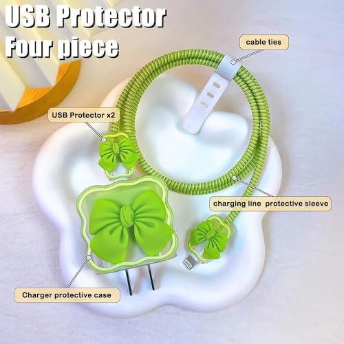 Image of INEFABLE Charger Case Cover Protector with 3D Cute Pattern for iPhone Charger only 18W & 20W, Data Charging Cable Wire Saver Protective Cable Cover Full Protection - Set Of 1 (Green Bow)