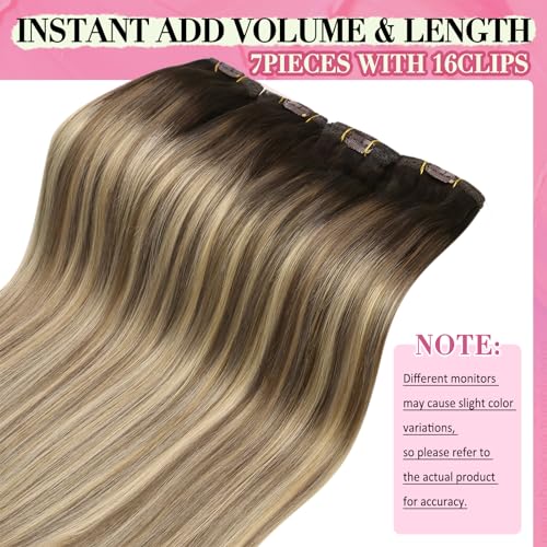 Image of YoungSee Balayage Clip in Hair Extensions Short Straight Hair Clip in Extensions Darkest Brown Roots to Medium Brown with Blonde Balayage Real Human Hair Extensions Clip ins for Women 12 Inch 85G 7Pcs