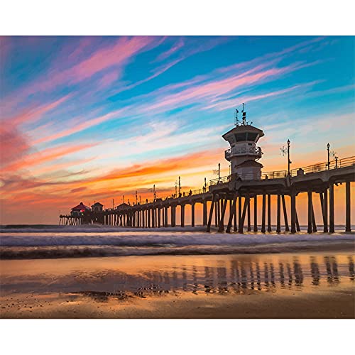 DIY Paint by Numbers for Adults Children, ABEUTY Colorful Sky Bridge Beach 16x20 inches Number Painting Art Therapy (No Frame, Pier)