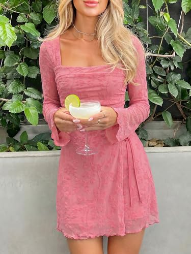 Image of Caracilia Womens Sexy Mesh Ruched Mini Dresses Long Sleeve Square Neck Tie Fall Club Party Cocktail Short Dress 2026 Fashion