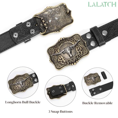 Image of Cowboy Cowgirl Belt Western Belts for Men Women Floral Engraved Longhorn Bull Buckle Belt for Jeans