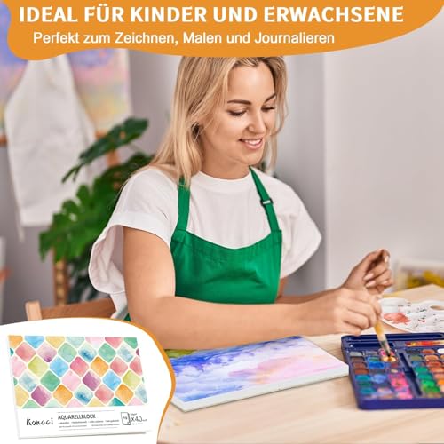 Koncci Aquarellpapier A4, 40 Blatt Aquarellblock, Kaltgepresst 300g/m² Weißes Aquarell Papier, Watercolor paper für Aquarellmalerei und Zeichnung, Geeignet für Studenten, Anfänger, Künstler