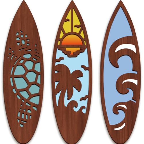 PRESSINART 3 Piezas de Decoración de Pared de Tabla de Surf de Tortuga para Dormitorio 11.8 x 3.3 x 0.2 Pulgadas Decoración de Tabla de Surf de Madera Olas Tortuga Mar Puesta de Sol Verano Playa