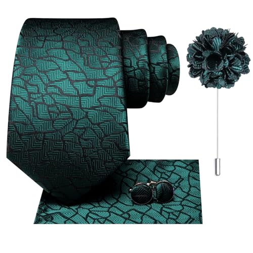 Image of Hi-Tie Men Silk Ties Set with Flower Lapel Pin Necktie Pocket Square Cufflinks for Tuxedo Wedding Business