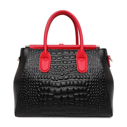 Image of Genuine Leather Crocodile Print Handbag - Large Capacity, Detachable Strap, Color-blocked, Women's Cross-body Tote