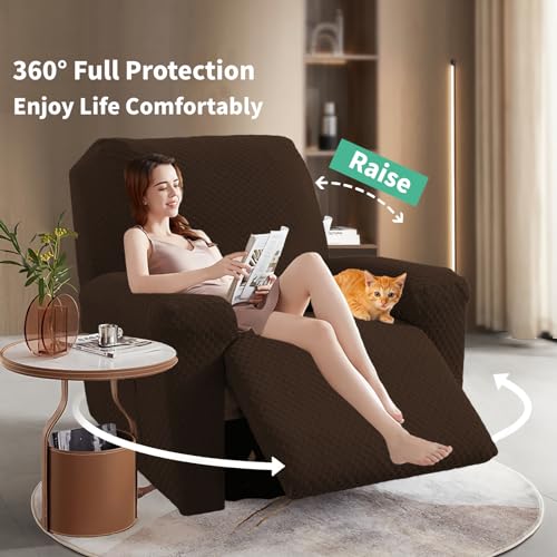 Image of YEMYHOM 4 Pieces Stretch Recliner Slipcover Jacquard Recliner Chair Cover with Side Pocket Anti-Slip Fitted Recliner Cover Couch Furniture Protector with Elastic Bottom (Recliner, Dark Coffee)