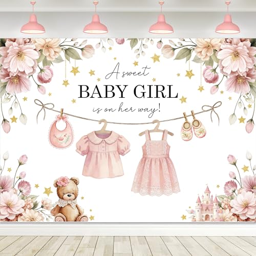 Fondo fotográfico Baby Girl con flores y estrellas, 7x5 pies miniatura 1