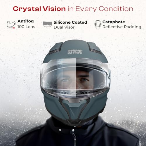 Image of STUDDS Helios ISI and DOT Certified Full Face Helmet with Antifog 100 Lens, Sporty Spoiler (Shark Skin MATT Blue - L)