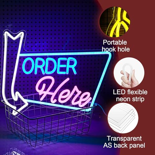 Image of Order Here Neon Sign Led letters Sign Dimmable Order Neon Light for Wall Decor Larger Order Here Light Up Sign for Restaurant Shop Bar Business Neon Decor(16.1 * 12.6 In)