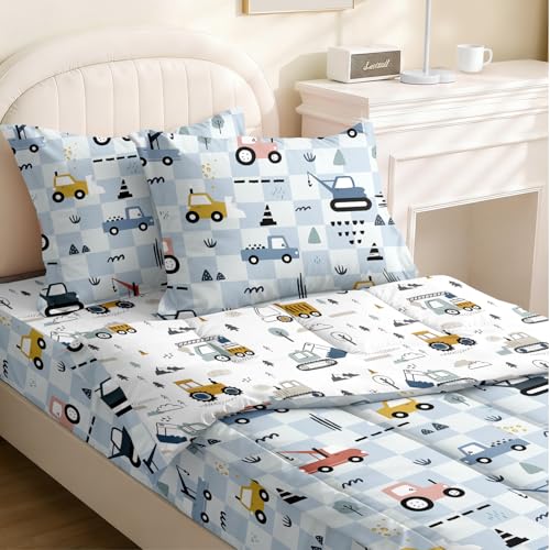 Image of Kids Comforter Set,Zipper Bedding Twin for Boys,Construction Printed Comforter Set with Tractor Fitted Sheets and Pillowcases for All Season(Truck)