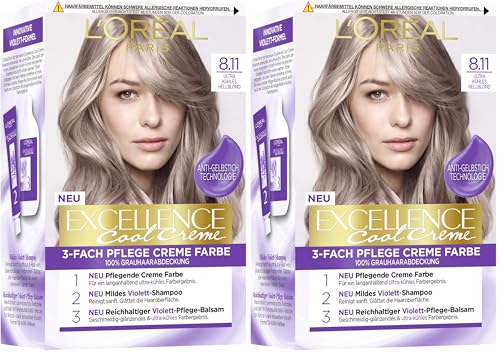 L'Oréal Paris Tinte permanente para el cabello, 100% cobertura para canas, juego de coloración, champú y crema nutritiva, crema excelente #8.11, rubio claro ultra fresco (rubio) (Paquete de 2)