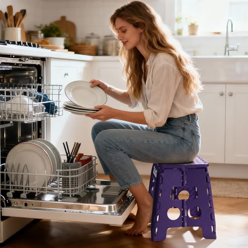 Image of Delxo Folding Step Stool, 13 inch Non-Slip Foldable Stools Up to 300 LBS, Step Stool with Handle, Lightweight for Kitchen, Bathroom, Bedroom, Garden, Purple, 1PC