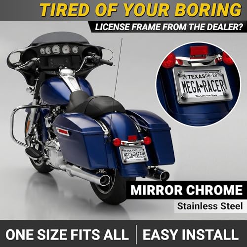 Image of Premium Motorcycle Mirror Chrome License Plate Frame, Rust-Free Stainless Steel, Rattle-Free Thin Metal & Street Legal, Universal Fit Tag Holder for Harley Davidson Bike Scooter, Porta Placa Para Moto