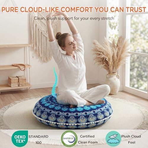 Codi Meditation Floor Pillow, Round Large Pillows Seating for Adults, Bohemian Mandala Circle Cushion for Outdoor Fireplace Yoga Living Room, 32 Inch, Memory Foam Added, Navy