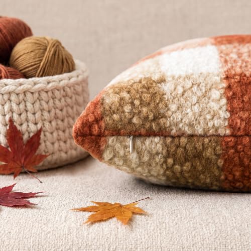 Image of Foindtower Pack of 2 Soft Faux Fur Boucle Throw Decorative Pillow Covers Fuzzy Accent Check Cushion Sherpa Boho Farmhouse Pillowcase for Couch Sofa Bed Living Room Home Decor 20x20 Inch,Burnt Orange