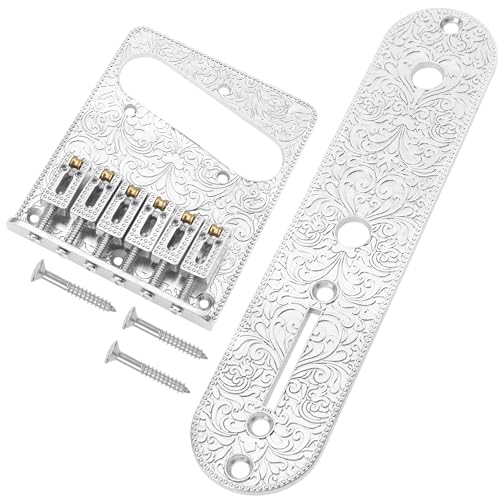 Yootones 彫刻パターン 6サドルブリッジ&3ウェイスイッチコントロールプレート Telecaster 6弦エレキギター対応 (シルバー) 1セット