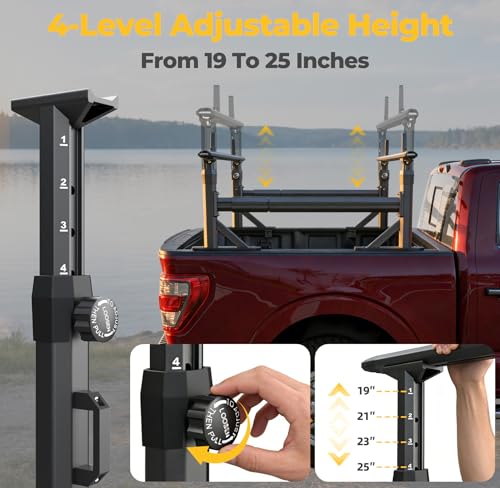 Image of TRUMGETA Adjustable Aluminum Truck Ladder Rack with Side Bar Fit for F150 Silverado Ram Sierra, Clamp-On No Drill Installation, Heavy Duty 1100 LBS Capacity, Truck Bed Rack for Ladders, Kayaks, Bikes