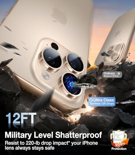 Image of PACK OF 2 Desert Titanium Camera Lens Protector for iPhone 16 Pro / 16 Pro Max UHD Clear 9H Tempered Glass, Scratch & Drop Resistant Camera Guard, Case Friendly Waterproof Heavy Duty Camera Lens Cover