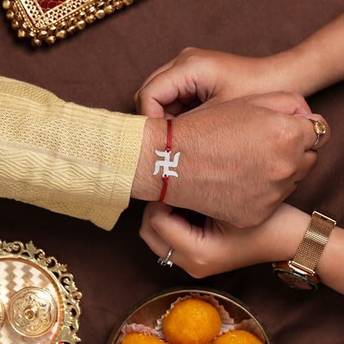 Image of Silver Chest 925 Pure Silver Rakhi for Brother | Rakhi Set with Roli & Card | Includes roli tilak, greeting card & authenticity certificate in a gift box. Also worn for Puja, Diwali, Bhai Dooj
