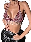 SHENHE Women's Sexy Sequin Halter Backless Rhinestone Fringe Glitter Party Club Crop Top Burgundy Small
