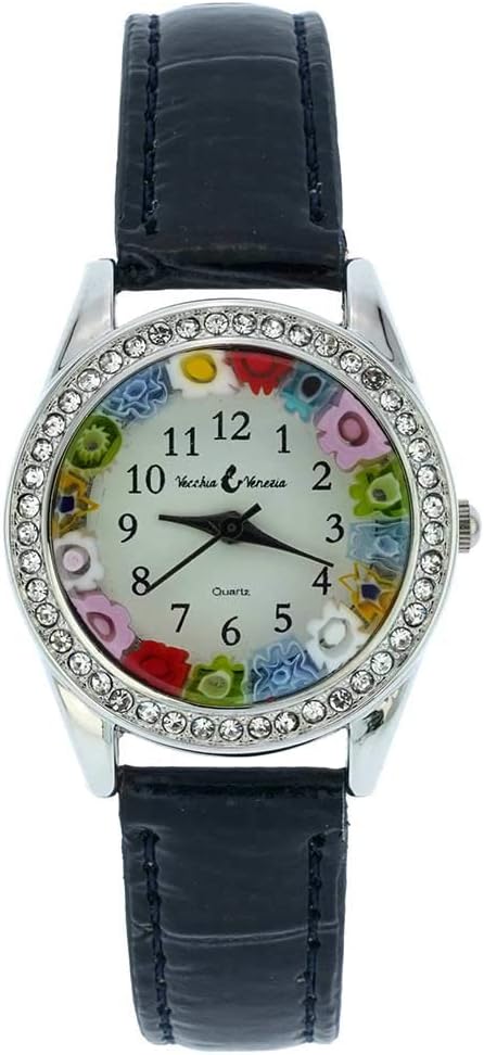 Glass Of Venice Murano Glass Watch Millefiori and Crystals with Leather Band - Black