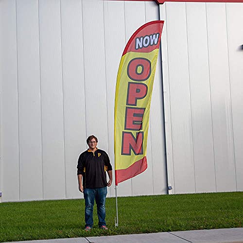Vispronet Premium Now Open Feather Flag Kit – Includes 13Ft Sectional Aviation Grade Fiberglass Poles, Yellow Now Open Flag, Ground Spike And Pole Sleeve Bag #TOP1