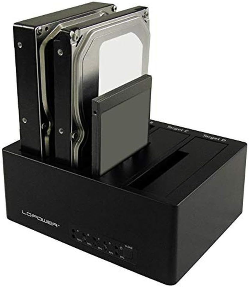 LC-Power LC-DOCK-U3-4B docking station with two 3.5-inch HDDs and one 2.5-inch SSD partially inserted into the bays.