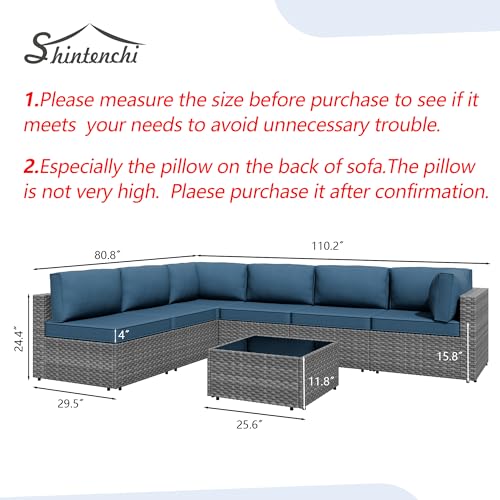 Shintenchi 7 Pieces Outdoor Patio Furniture Sets, Patio Sectional Sofa Couch, Silver Gray PE Wicker Furniture Modular Patio Conversation Sets Patio Sofa with Washable Cushions (Aegean Blue) - Image 5