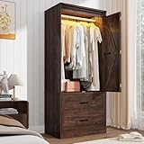 Farmhouse 2 Doors Armoire Wardrobe Closet w/ Folding Sliding Barn Door and Lights, LED Armoire Closet w/Drawers for Bedroom, Freestanding Wooden Wardrobe Storage Closet w/Hanging Rod,Rustic Brown