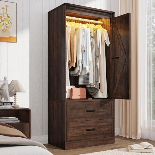 Farmhouse 2 Doors Armoire Wardrobe Closet w/ Folding Sliding Barn Door and Lights, LED Armoire...