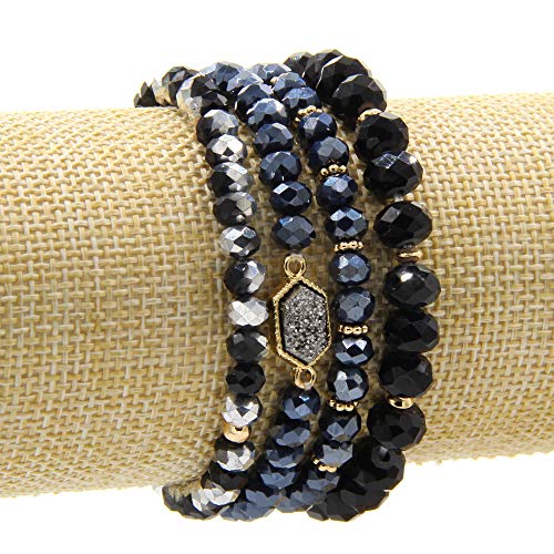 Image of Gold Beaded Bracelet Set, Square Stone Hexagon Druzy Stretch Beaded Stackable Bracelets Bangles