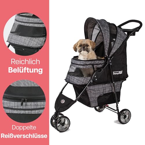 Innopet Hundebuggy Avenue Meliertes Grau leichter Katzenbuggy - Regenschutz inklusive - Hundewagen für die Stadt - faltbarer,wendig, kompakt - mit Sicherheitsleinen & Aufbewahrungskorb