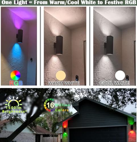 Image of rosykite Smart Outdoor Wall Lights, RGB Color Changing Up Down Sconce 13 inch | Daily Lighting, Dimmable, Tunable White, Aluminum Exterior Lights for Porch , 4 Replace RGB+CCT Bulb, 1300LM, APP Alex Remote