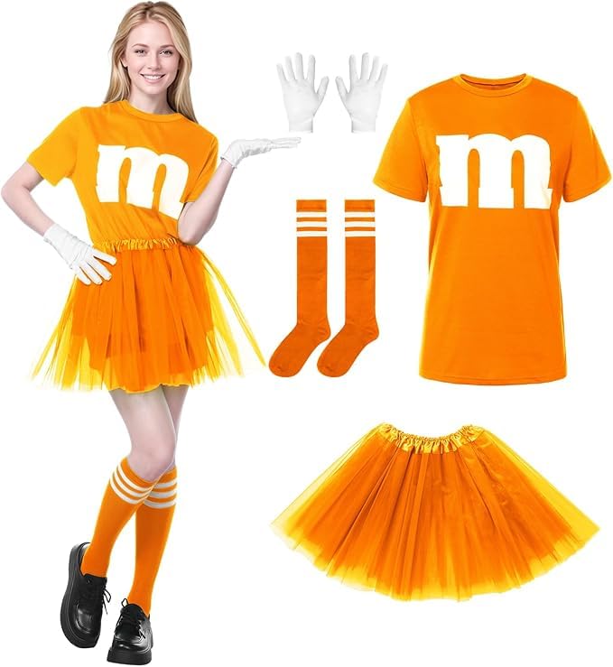 Ensemble de 6 tutus de ballet, vêtements pour femmes M&M's, costume de cosplay, costume de groupe, t-shirt amusant avec tutu, gants et bas rayés, costume de carnaval, ensemble de carnaval (orange)