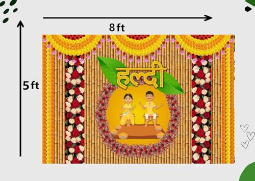 Image of DARSHANAM WORLD Wedding Decorative Cloth for Haldi & Mehndi Ceremony, Photoshoot, Haldi Background Enhancer for Mehndi Ceremony (8x5 ft, 3D Printed Backdrop with Floral & Logo Design) (Multicolor)