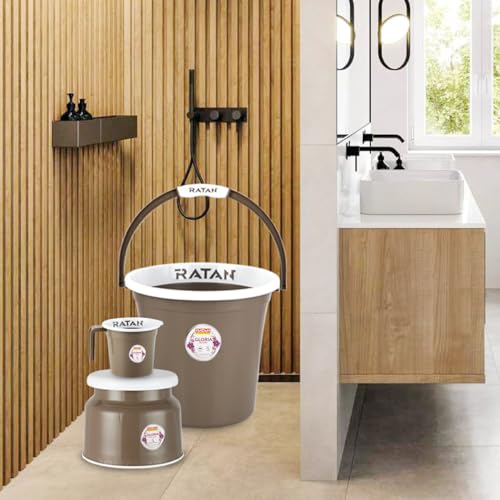 Image of RATAN PLASTICWARE Plastic Bathroom Set of 5 Pieces Combo Pack Gloria Plain 18 Liters 2 Pieces Bucket + Nova Stool Patla 107 + Two Gloria Plain Bath Mug 1 Liter Color Light Brown